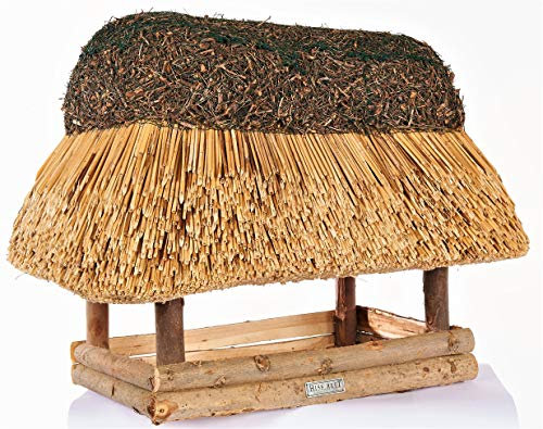 Hiss Reet® Vogelfutterhaus, Vogelhaus - mit Reetdach I Futterhaus für Vögel aus Eukalyptus Holz I LÜNEBURG I ideal für Balkon und Garten I wetterfest I XL Größe (ca. 65 cm Länge)