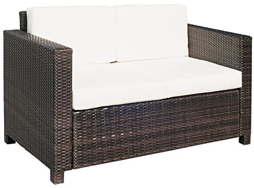 Outsunny Rattan Sofa, 2 Seater Garden Furniture with Soft Padded Cushion and Armrests, Wicker Garden Loveseat for Patio, Mixed Brown