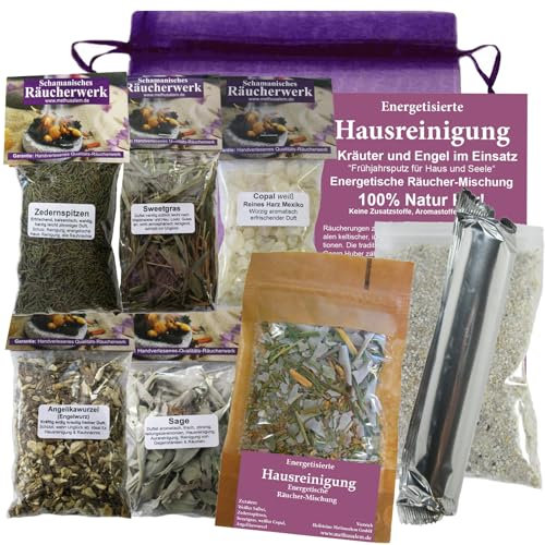 Energetische HAUSREINIGUNG räuchern 9-TLG RÄUCHER-Set mit weißer Salbei + Kopalharz + Sweetgrass + Zeder + Angelika + Räucherkohle + Anleitung [Kräuter & Engel] + ZUBEHÖR + TÄSCHCHEN 81068-H