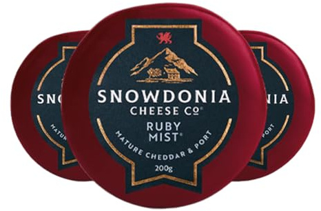 Snowdonia | Ruby Mist Cheddar | 3 x 200g | Cheddar infused with port and brandy for a rich, smooth savoury sweet flavour.