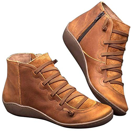 POLP Botas de Cuero para Mujer - Botines Otoño Invierno Vintage con Cordones, Zapatos Cómodos de Tacón Plano, Cremallera, Bota Corta Casual