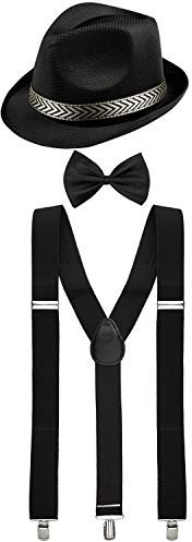 Goldschmidt Kostüme Hosenträger Hut und Fliege Set | längenverstellbar Deluxe | Accessoires Fasching Karneval Erwachsene | Mafia 20er Jahre Casino (schwarz)