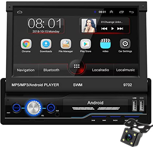 1 Din Car Radio for Carplay & Android, 8.1 Car Radio 7 Manual Retractable Touch Screen Stereo MP5 Player FM Dual USB Port WiFi Bluetooth Multimedia Player with Rear View Camera Remote Control