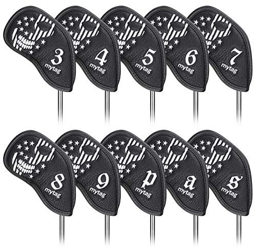 caiobob Mytag Golf Iron Head Cover Wedge Headcover Set Black Synthetic Leather Skull Skeleton Irons Protector (10pcs Iron Set(3,4,5,6,7,8,9,P,A,S))