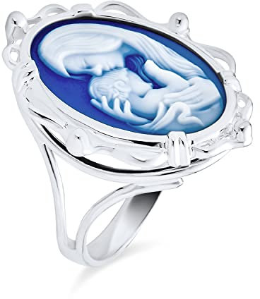 Klassische Antike Vintage Stil Blau Weiß Geschnitzt Oval Umrahmt Viktorianischen Dame Porträt Mutter Und Kind Cameo Erklärung Ringe Für Frauen Frau Mom .925 Sterlingsilber