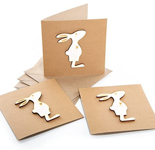 Logbuch-Verlag 3 Osterkarten mit Osterhase aus Holz - Klappkarte leer zum Beschriften mit Kuvert - Grußkarte Ostern 15 x 15 cm