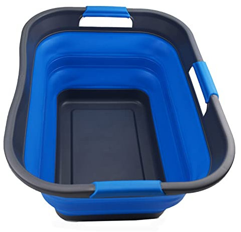 SAMMART Faltbarer Kunststoff-Wäschekorb, 29 l, zusammenklappbarer Aufbewahrungsbehälter, Organizer, tragbare Waschwanne, platzsparender Wäschekorb, Wasserkapazität: 24 l (1, Grau/Blau)