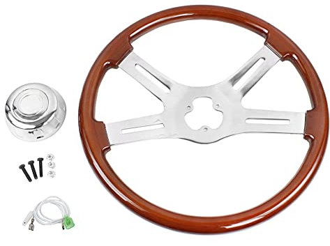 Holzlenkrad Auto 18 Zoll 450mm, Retro Lenkrad Mahagoni Holzgriff Rennlenkrad Aluminiumlegierung 4 Speichen 3 Loch Auto Lenkrad Universal Racing Sportlenkrad mit Hupenknopf Kit Drift Lenkrad