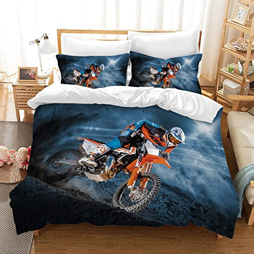 AVJWWD Motocross Bettwäsche Sets, 3D-gedrucktes Muster von Extremsport-Motorrad-Themen-Bettbezug mit 2 Kissenbezügen, für Erwachsene und Kinder (135 x 200 cm, Moto3)