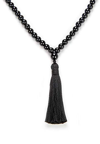 Yoga Halskette Schmuck Perlen Lange Quaste Halskette Jaspis mit 108 Mala Beads für Damen oder Herren (Schwarzer Onyx-Achat (Black Onyx Agate))
