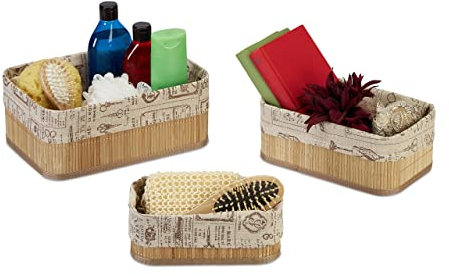 Relaxdays Aufbewahrungskorb 3er Set, Bambus, Stoffbezug im Vintage-Design, 3 Größen, Kosmetik & Handtücher, natur/beige