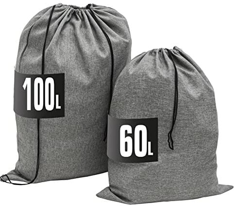 DuneDesign Leinen Look: 100l Wäschesack Groß XXL + 60l Wäschesammler Reise - Wäschesack für Schmutzwäsche Wäschekorb Organizer Wäschesack mit Kordelzug - Wäschesack Koffer Wäschebeutel für Rucksack