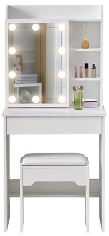 LEMROE Hollywood Schminktisch mit LED Spiegel und Hocker,Frisiertisch Klein mit mit 7 Ablagen und 1 Große Schublade,Schlafzimmer Kosmetiktisch Kommode Make-up Tisch für Frau,Weiß