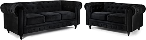 Bravich Velvet Chesterfield Sofa Set | 2 & 3 Seater Suite | Soft Plush Fabric | Foam Seat Cushions | Scroll Arms | Button Studded Back | Living Room | Black