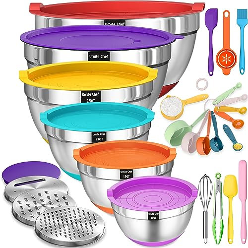 Umite Chef Bols à mélanger avec couvercles hermétiques, lot de 26 bols en acier inoxydable, 3 accessoires de râpe et fond antidérapant coloré, taille 7, 4, 2,5, 2,0, 1,5, 1 l, idéal pour mélanger et