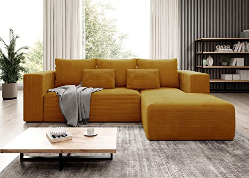 Sofa mit Schlaffunktion mit Bettkasten aus Cord - Ecksofa fur 3 Personen - Stripes - Bequem Schlafsofa - L-Form - Modern Couch 255x73x161 cm - Rechts Senf - MODERNO