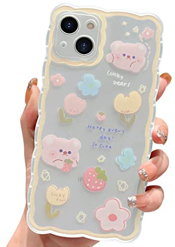 ECZOIL Compatible with iPhone 13 Case Cute Cartoon Floral Bear Pattern Design Women Girls Kawaii Slim Soft TPU Transparent Cover for iPhone 13 6.1 inch-Yellow