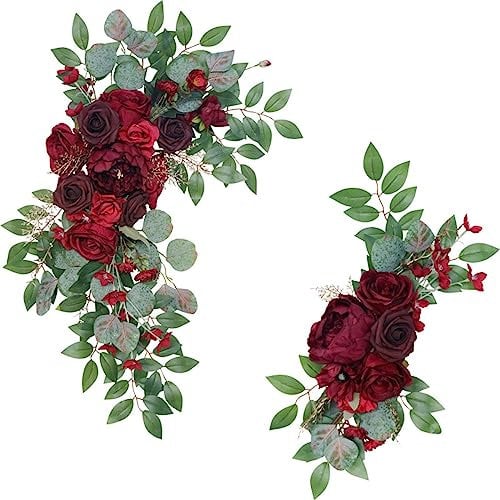 Fouriding Artificial Wedding Arch Flowers Kit 2 Pack, Floral Decorations for Ceremony Reception Backdrop Decoration Welcome Signs (Wine Red)