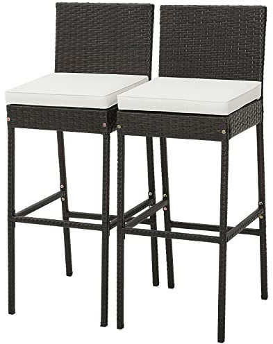 HOMASIS 2er Rattan Barhocker mit Sitzkissen & Fußstütze, Barstuhl mit Rückenlehne, Bistrostuhl mit stabilem Metallgestell, Rattanstuhl belastbar bis 180kg, für Hinterhof, Balkon & Schwimmbad, Braun