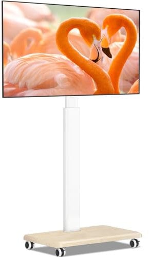 TVON Weiß TV Ständer mit Rollen für 32-65 Zoll Fernseher, Holz TV Standfuss Mobiler Fernsehständer Rollbar Höhenverstellbar Schwenkbar TV Bodenständer mit Holzfuß bis 40kg Max. VESA 400x400mm