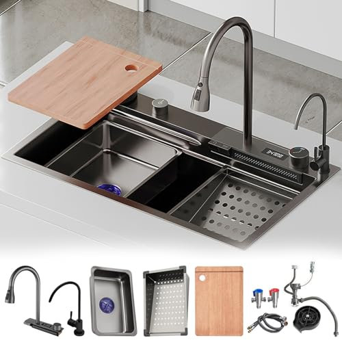 Fregadero de Cocina de Estación de Trabajo Integrado Fregadero de Cocina Avanzado de Acero Inoxidable Nano-Recubierto Fregadero Cascada Multifuncional para el Hogar con Pantalla Digital (S: 75 cm)