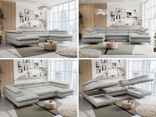 MKS MEBLE Sofa U-Form Grau, Wohnlandschaft U-Form, Sofa mit Schlaffunktion und Bettkasten, Schlafsofa mit Bettkasten, Couch mit Verstellbare Kopfstützen - Peter U - Hellgrau Struktur