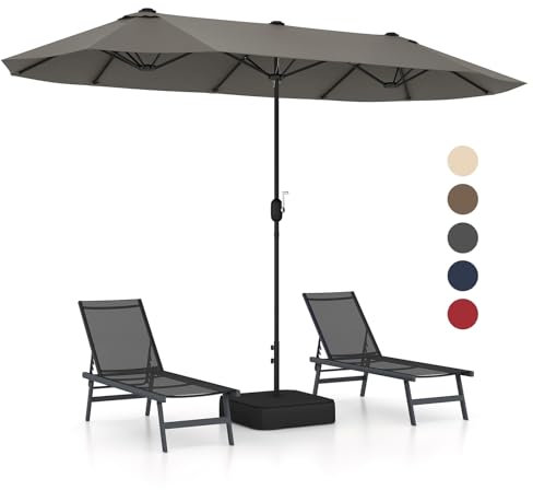 TANGZON 4M Patio Parasol with Base, Double-Sided Market Umbrella with Crank Handle & Air Vent, Extra Large Outdoor Table Umbrella for Poolside, Deck, Backyard (Gray)