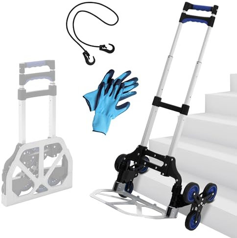 ECD Germany Carrello da Trasporto per Pacchi 50 x 49 x 62-99 cm in Alluminio con 6 Ruote Antiforatura Pieghevole Adatto per Salire Scale con Cinghia di Fissaggio e Guanti capacità di Carico 80 kg
