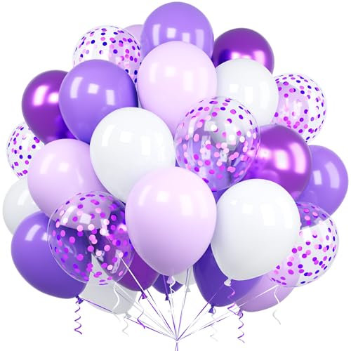 Ousuga Globos Morados Blanco, 60 Piezas 12 Pulgadas Globo Lilas Morados Metálico Confeti Globos Cinta para Cumpleaños Aniversario Boda Niños Baby Shower Bautizo Graduación Jubilación Fiesta Decoración
