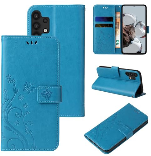LBH Handy Hülle für Samsung Galaxy A32 5G Case Handytasche Schmetterling Blumen Flower Standfunktion Schutzhülle Magnet Rundum Schutz 360 Grad Flipcase Cover Blau