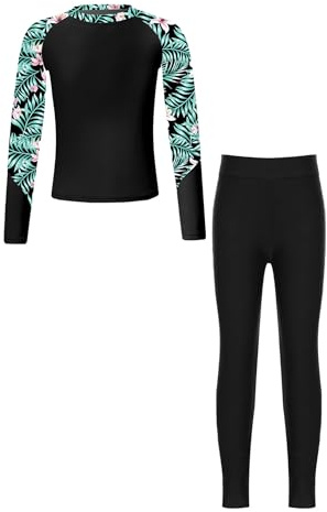 Yruioon Girls Swimming Costume Kids Full Cover Swimsuit UPF 50+ Long Sleeve Swim Shirts with Long Pants Swimwear Set Black 13-14 Years