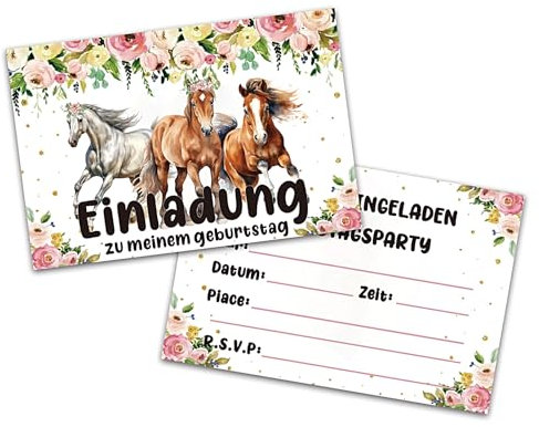 Koboko 20 Stücke Pferde Einladungskarten Kindergeburtstag, Geburtstag Einladungskarten Mädchen Junge, Pferde Deko Geburtstag, Geeignet für Geburtstagsfeiern für Themenpartys, Partydekorationen