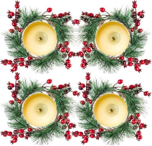 KAHEIGN 8Pcs Weihnachtskerzen Ringe, 20CM Künstlicher Roten Beeren Weihnachtskerzenringe Verschneiten Tannennadeln Kerzenring für Rustikal Hochzeit Weihnachten Tisch Dekoration