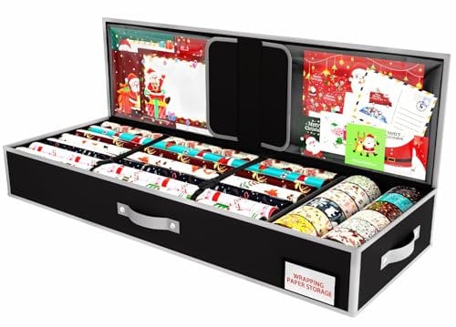 KYEVIS Christmas Wrapping Paper Storage Bag with Multiple Pockets, Gift Wrap Storage Bag Fits 24 Rolls, Christmas Decoration Organiser Box for Bows, Tags, Scissor & Ribbons(Black)