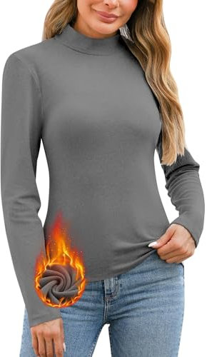 Aottori Damen Rollkragenpullover Thermo Rollkragenshirt Slim Fit Langarmshirt Warm Thermo Oberteile Langarm Thermounterwäsche Basic Top Grau S