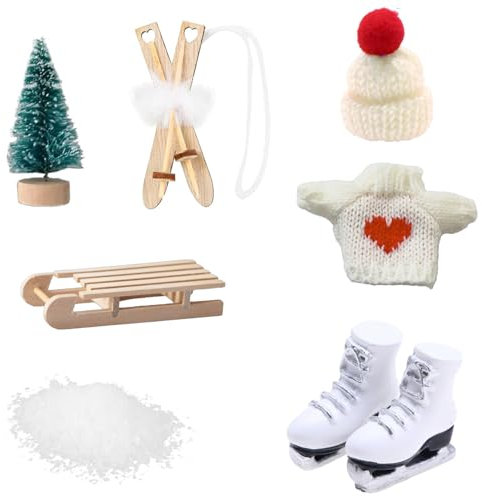jenich 7Pcs Wichtel Zubehör Weihnachten Miniatur Wichtel Puppenhaus Zubehör Weihnachten Wichtel Schlitten Ski Mütze Pullover Schlittschuhe Miniatur Zubehör für Wichtel und Puppenhaus