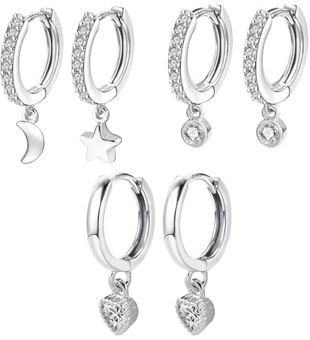 ALEXCRAFT Silber 925 Creolen Ohrringe mit Anhänger, 3 Paar Silber 925 Ohrringe Hängende Stern Mond Anhänger Kleine Creolen mit Stein Zirkonia Glitzer Tropfenohrringe Silber Ohrringe Set Frauen Damen