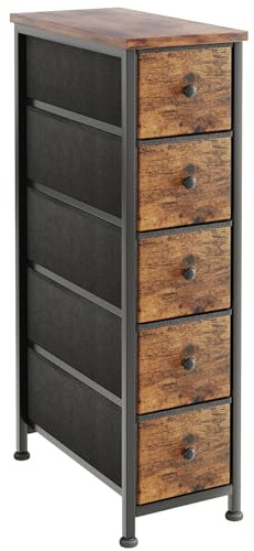 CAIYUN Kommode mit Schubladen aus Stoff, Kommode Schmal mit 5 Schubladen, Komodenschrank Schubladenschrank, Beistelltisch Nachttisch für Wohnzimmer Schlafzimmer (Vintagebraun)