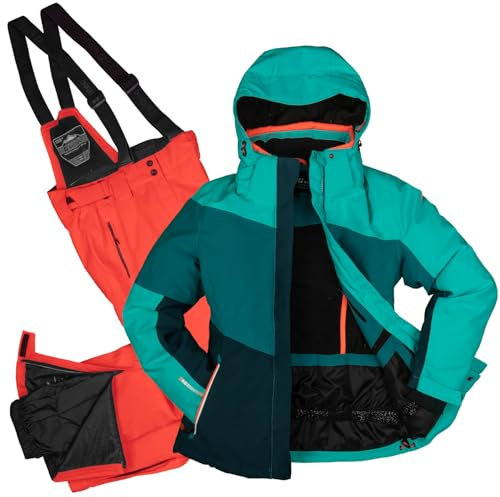 Killtec Damen Skianzug Größe 42 - aus Skijacke türkis grün petrol grün und Skihose neon orange - mit 10000mm Wassersäule - wasserdicht, atmungsaktiv
