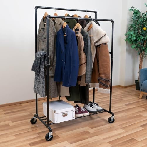 Tatkraft Pantera Schwerlast Kleiderständer auf Rädern, bis 110 kg, mit 2 Kleiderstangen und Ablage, Kleiderstangen zum Aufhängen von Kleidung, Schwarz