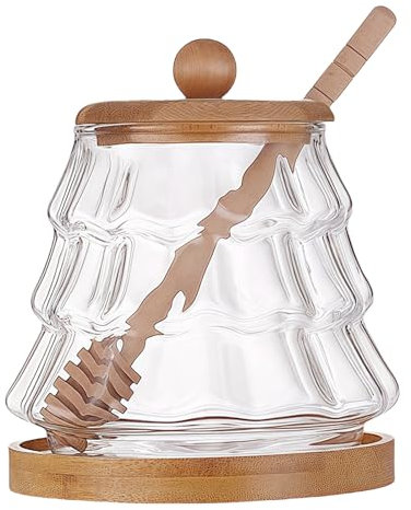 Glass Honey Pot Honey Jar with Spoon and Lid Glass Honey Equipped with wood Honey Stick And tray, For home kitchens (1, B)
