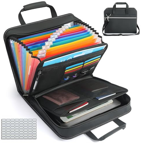 MRLUKwin PU Leather Accordion File Organizer with Handle & Strap，12 Pockets Expanding File Folder with Zipper & Labels，Portable Document Organizer File for Letter A4 Files