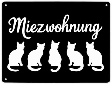 Miezwohnung Katzen Silhouetten Metallschild XL in 21x28 cm für Katzenfans lustiger Spruch als Geschenk für Katzenliebhaber