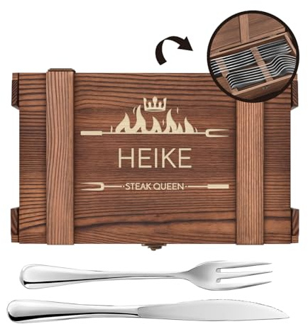 Maverton Steakbesteck 12-teilig, Besteck Set für 6 Personen | 6 Steakmesser und 6 Steakgabel, Edelstahl Grillbesteck in Holzkiste, personalisierte Geschenke für Frauen für Paar