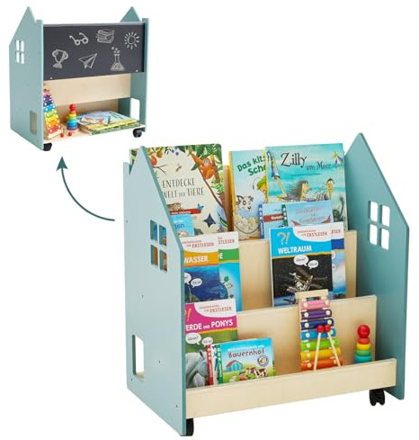 DENMOSTY Bücherregal Kinder mit Tafel & Rollen, Montessori Kinderregal Kinderbücherregal mit 3 Fächern, Spielzeug Aufbewahrung Bücher Regal Kinderzimmer, Spielzeugregal Aufbewahrungsregal aus Holz