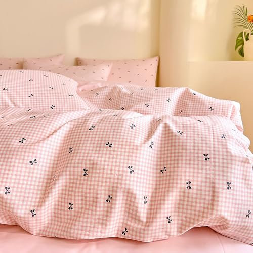 Nyescasa Housse de Couette 220x240 Rose et Blanc à Carreaux Vichy Motif Nœud Papillon Parure de lit Adulte 2 Personnes en Microfibre Housse Couette avec Fermeture Éclair et 2 Taies d'oreiller 65x65 cm