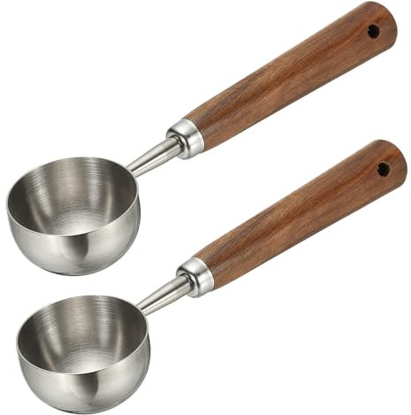 sourcing map 2pcs Coffee Measuring Spoon, 4 x 0.8 30ml Stainless Steel Coffee Scoop with Wood Handle for Ground Coffee or Loose Leaf Tea Silver