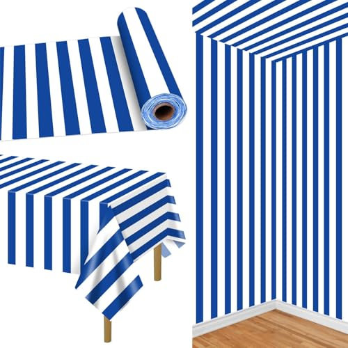 Rouleau de nappe en plastique à rayures bleues et blanches pour fête sur le thème de l'océan nautique, 1er anniversaire de garçon - 30 m