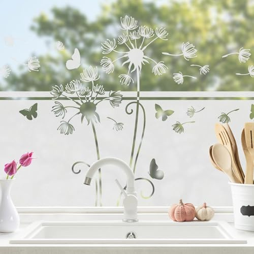 micasia Fensterfolie statisch haftend Blumen Sichtschutz Milchglas - Made in Germany - Pusteblume Modern Blickdicht Scheibe Innen Weiss Schlafzimmer Wohnzimmer Küche Glas 1541 (80x160cm)