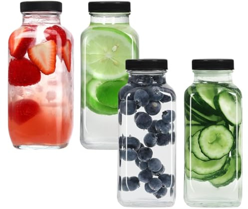 HZIYOU Botellas de vidrio para jugo, botella de agua de vidrio reutilizable con tapas para jugos, batidos, té, leche (paquete de 4)